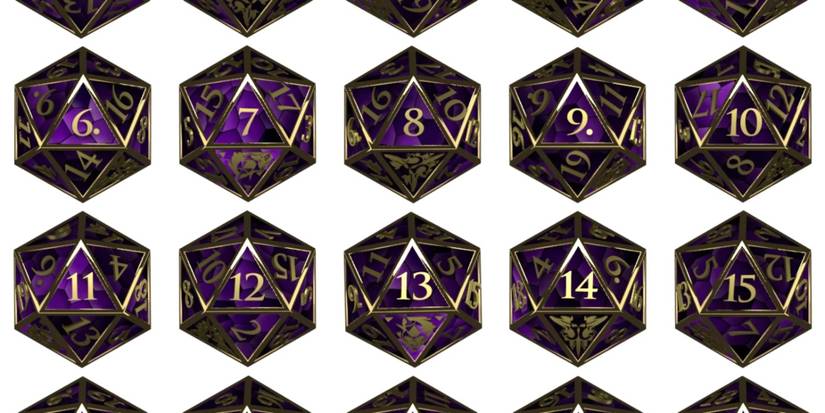 Baldur's Gate 3 dice with a purple and gold color scheme