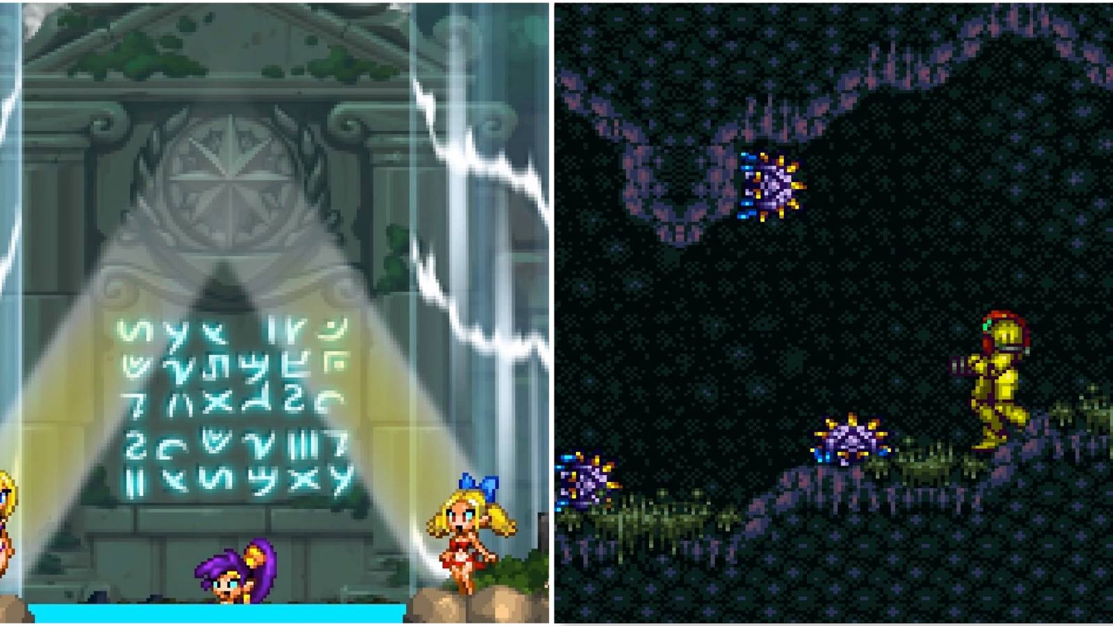 Bathing in Shantae And The Pirate's Curse and Fighting enemies in Super Metroid