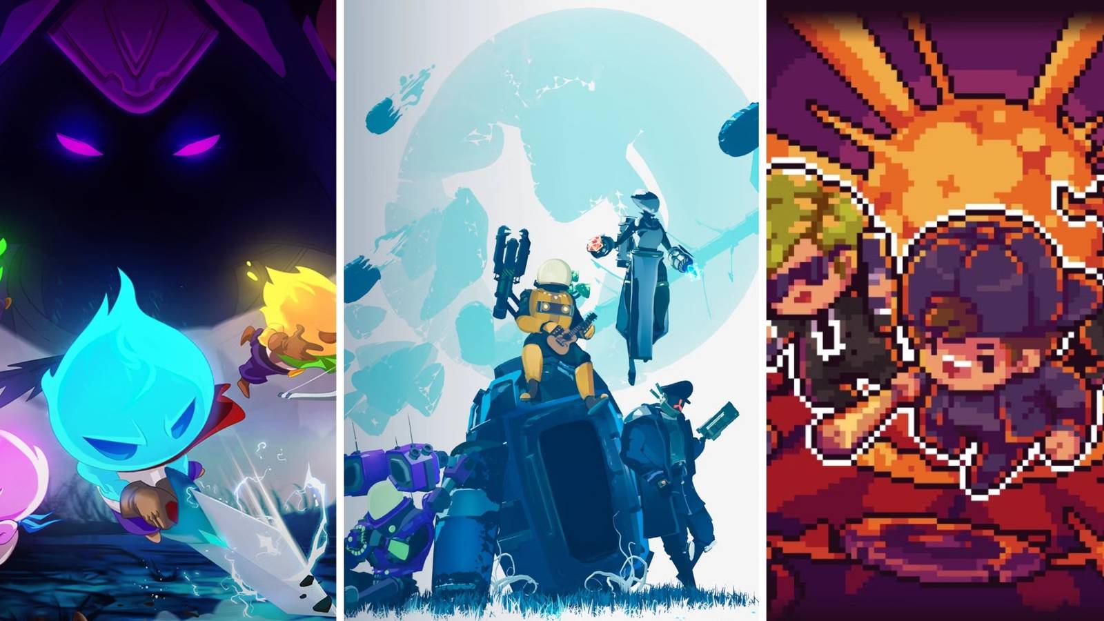 Split image Ember Knights characters in combat, Risk Of Rain 2 characters standing around vehicle and Streets Of Rogue characters face away from explosion