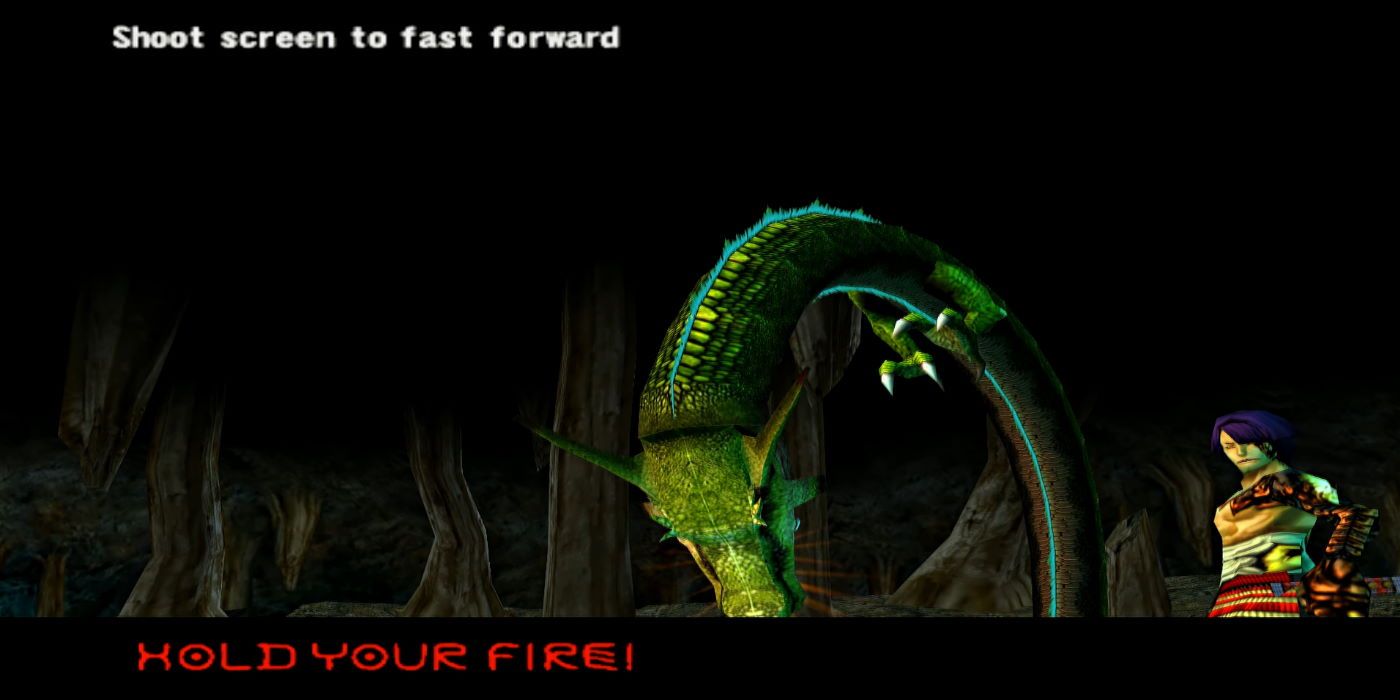 A huge dragon and an enemy ninja appear in dark woods in Ninja Assault