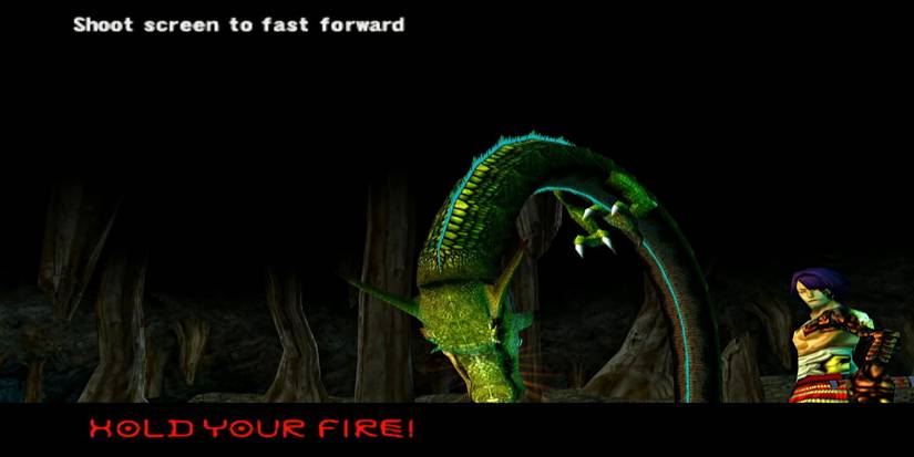 A huge dragon and an enemy ninja appear in dark woods in Ninja Assault