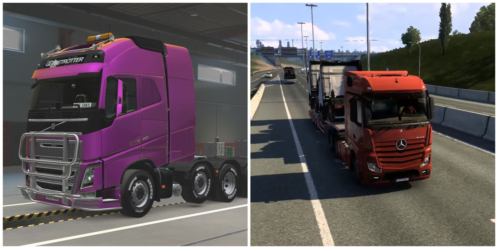 Split image of the Volvo FH Globetrotter XL Truck and the Mercedes-Benz New Actros Truck in Euro Truck Simulator 2