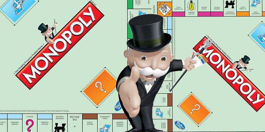 Mr. Monopoly reached out to shook his hand, in front of two alternating monopoly plates
