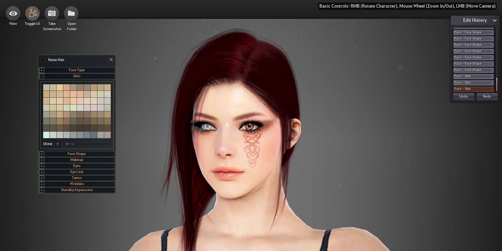 A woman with a white eye, a brown eye and a tattoo created in Black Desert Online