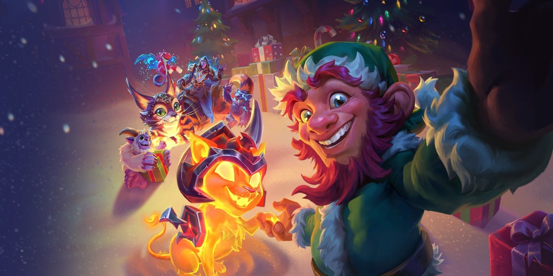 world of warcraft gnome wearing a green santa outfit with wow cosmetics under a christmas tree