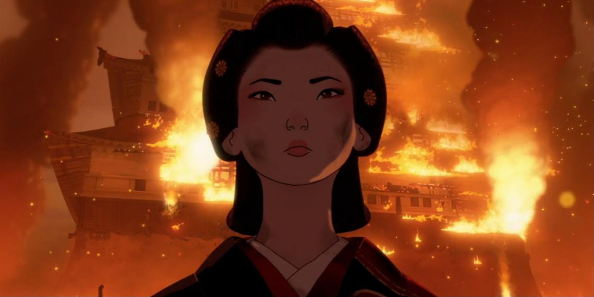 blue eye samurai akemi in front of the burning palace
