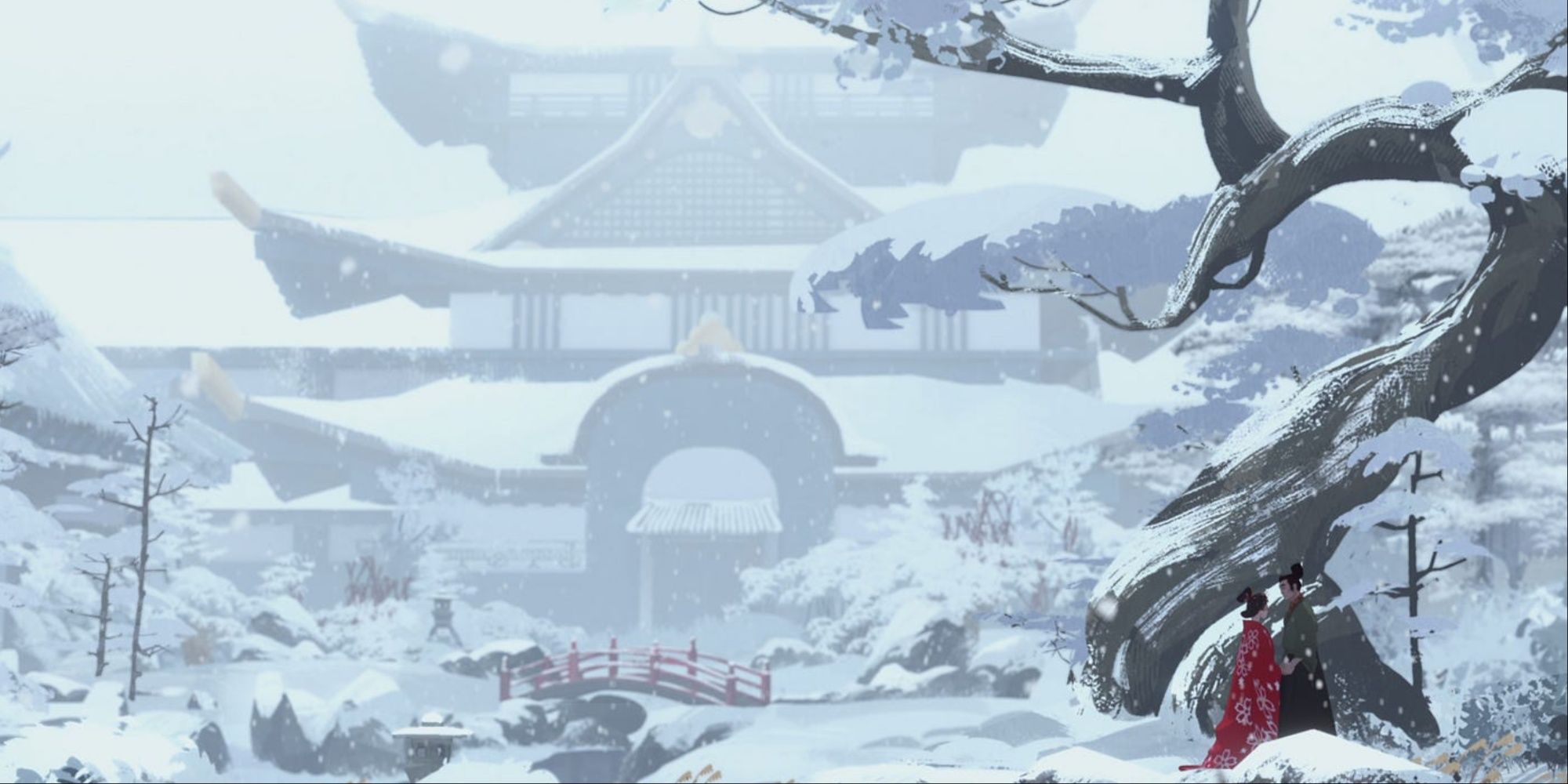 blue eye samurai taigan and akemi in the snowy landscape with a big tree and palace in the background