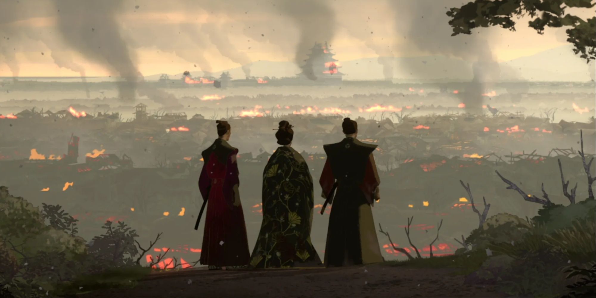 Lady Itoh and her two sons staring at the burned wreakage of Edo in Blue Eye Samurai