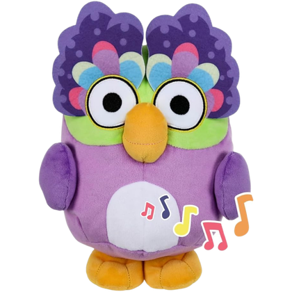 This image shows a purple plush bird and bright feathers from the show Bluey