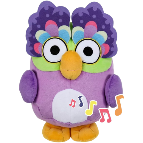 This image shows a purple plush bird and bright feathers from the show Bluey