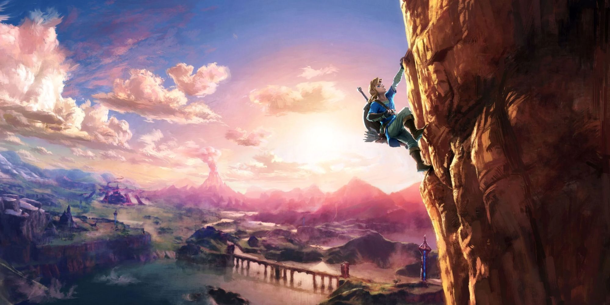 Link escalando uma montanha em uma ilustração BOTW