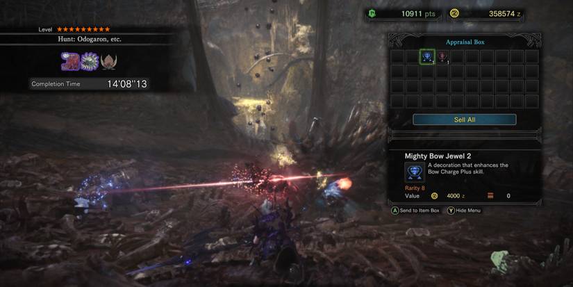 A Mighty Bow Jewel 2 in the appraisal box in MHW