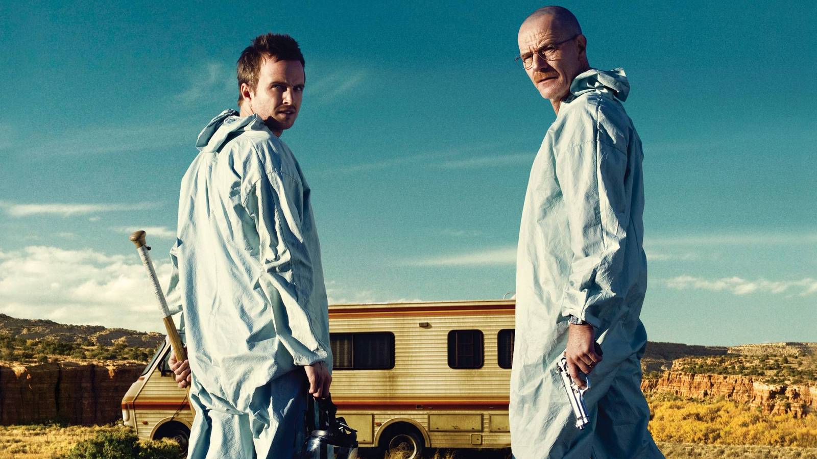 Walter and Jesse in Hazmat suits in front of their RV in Breaking Bad