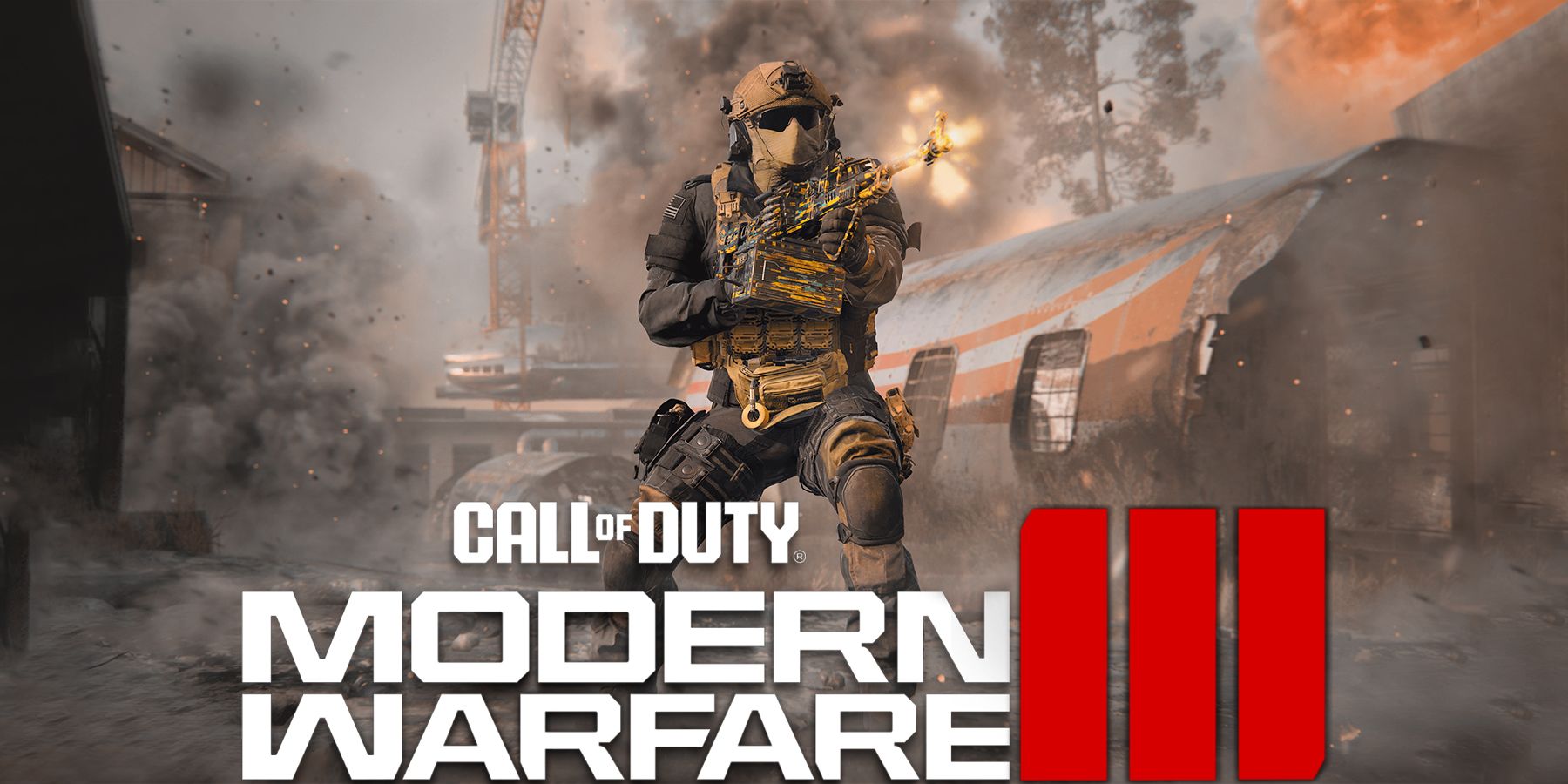 Call of Duty Modern Warfare III COD MW3 operator firing LMG behind game logo