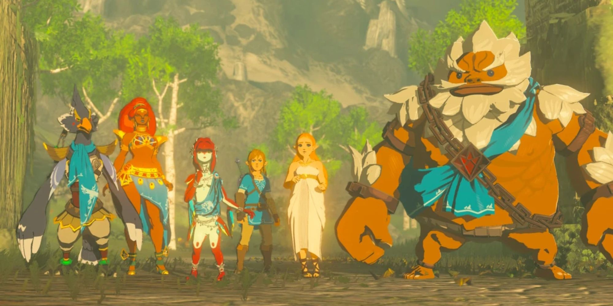 Revali, Urbosa, Mipha, Link, Zelda, and Daruk