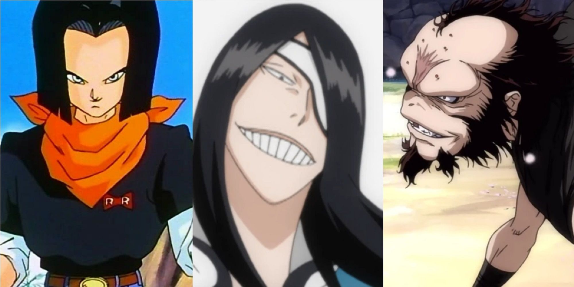 Split image of Android 17 preparing to fight Piccolo in Dragon Ball Z, Nnoitra smiling in Bleach, and Shogen facing his opponent in Basilisk The Kouga Ninja Scrolls