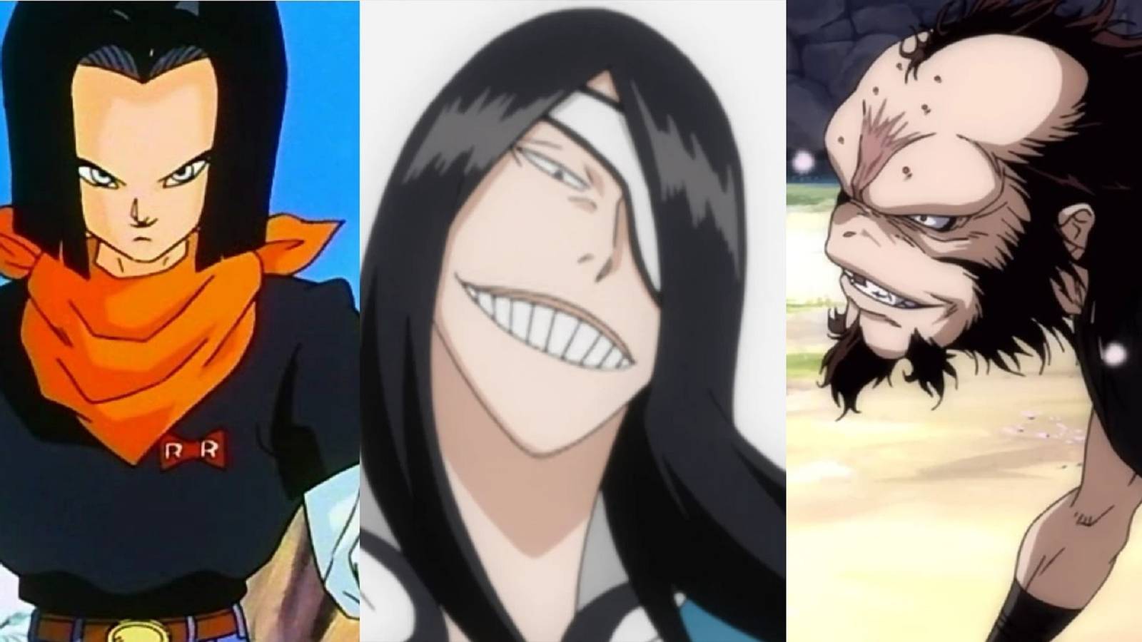 Split image of Android 17 preparing to fight Piccolo in Dragon Ball Z, Nnoitra smiling in Bleach, and Shogen facing his opponent in Basilisk The Kouga Ninja Scrolls