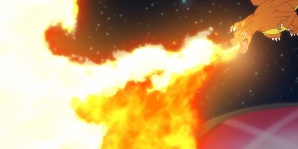 Leon's Charizard using the move Flamethrower in the Pokemon anime