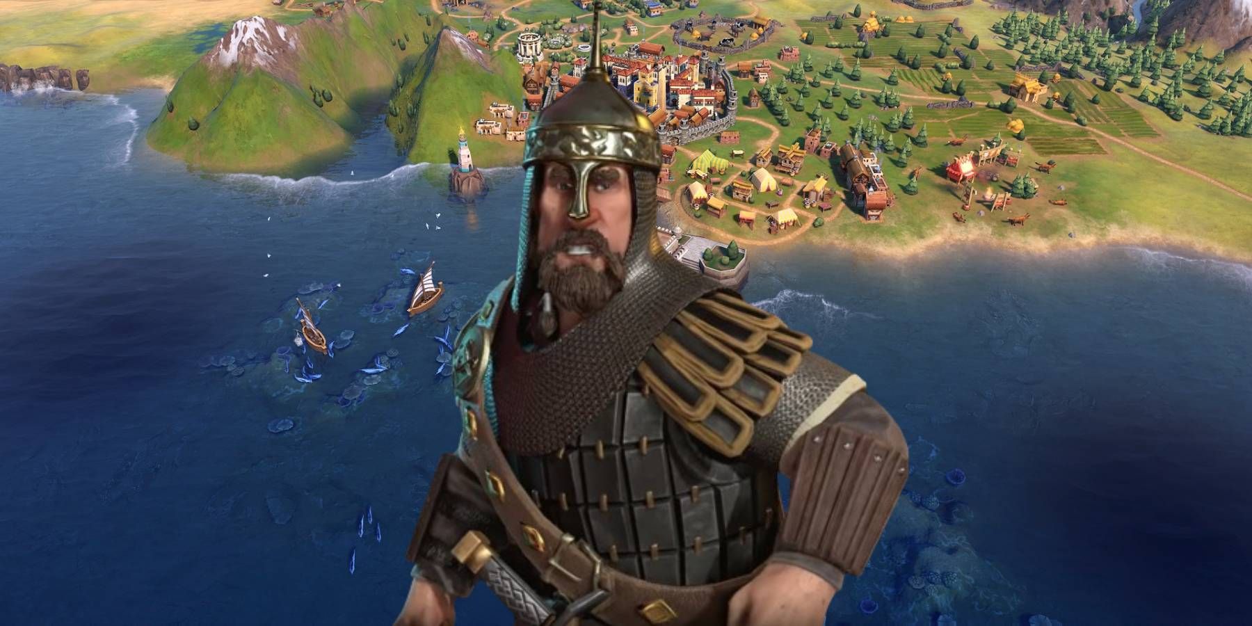 Varangian Harald Hardrada in front of a coastline in Civilization 6