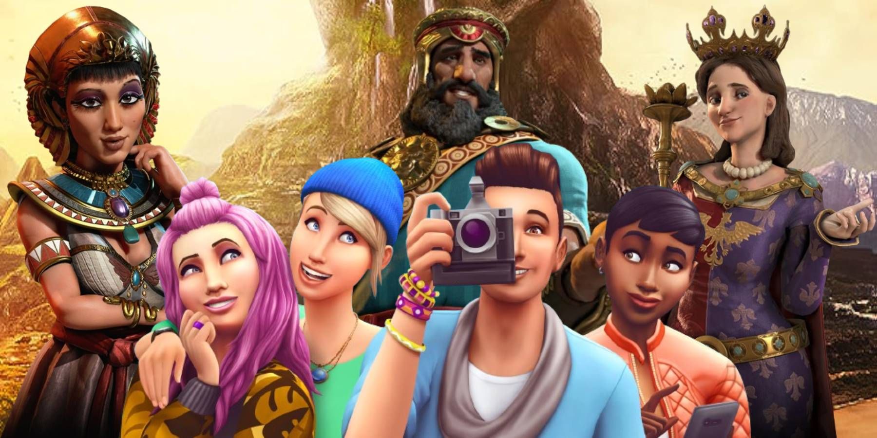 Sims from The Sims 4 with Cleopatra, Gilgamesh, and Jadwiga from Civilization 6