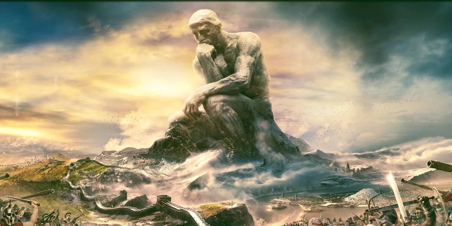 Promo art of a massive Thinker statue from Civilization 6