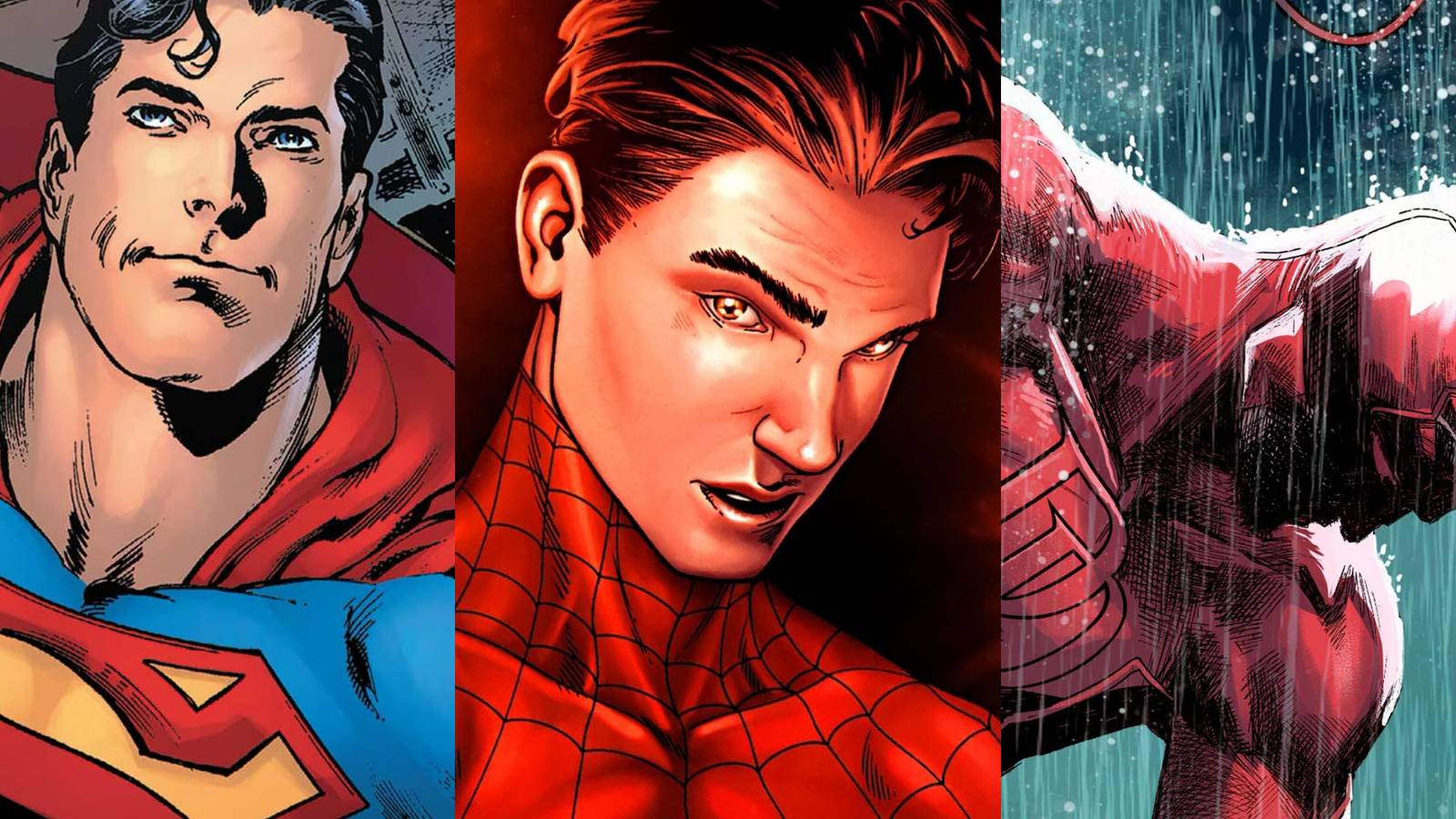 Superheroes Whose Identities Were Exposed: Superman (left), Spider-Man (middle), and Daredevil (right)