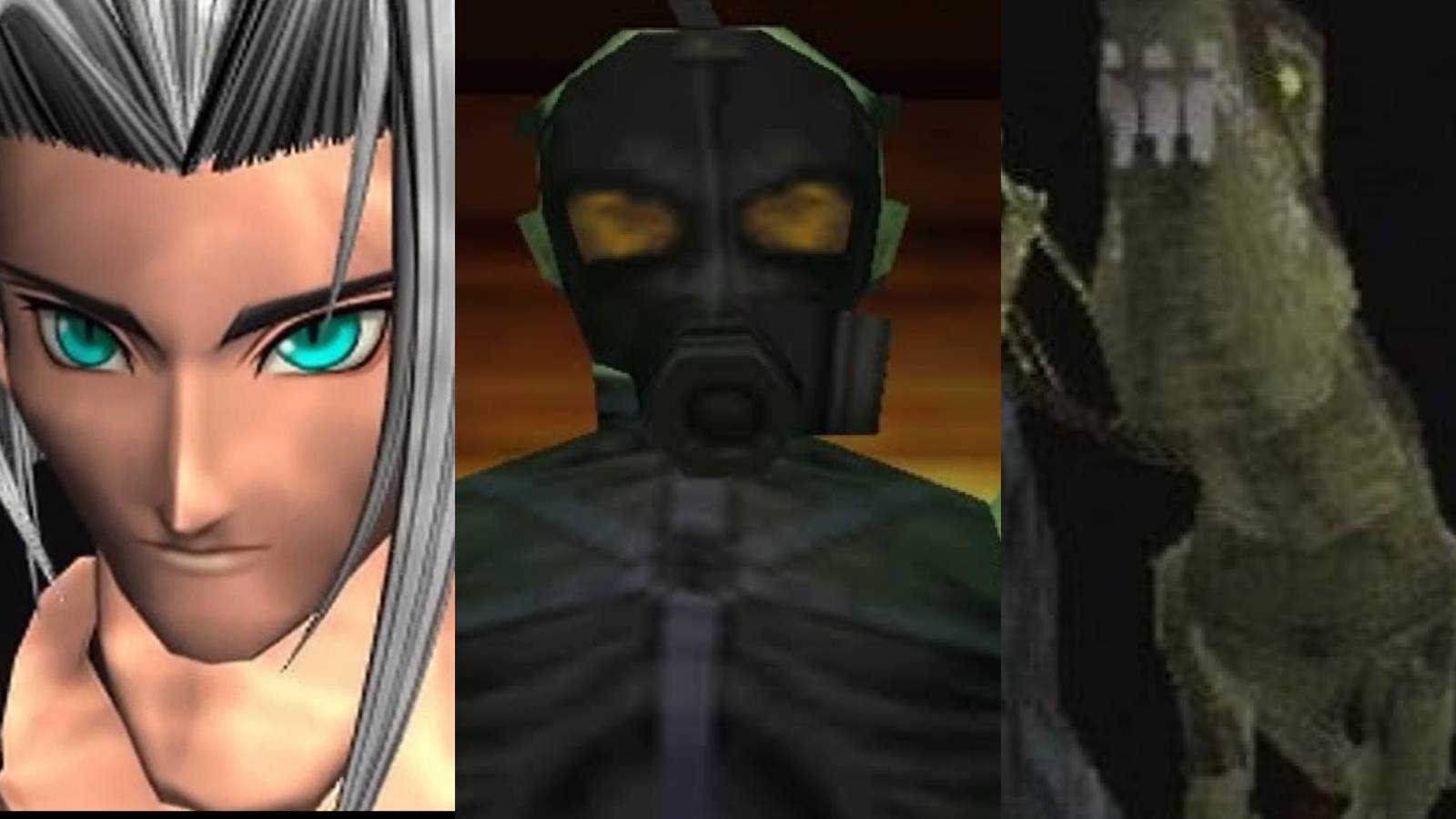 Great PS1 Boss Fights: Final Fantasy VII (left), Metal Gear Solid (middle), Tomb Raider (right)
