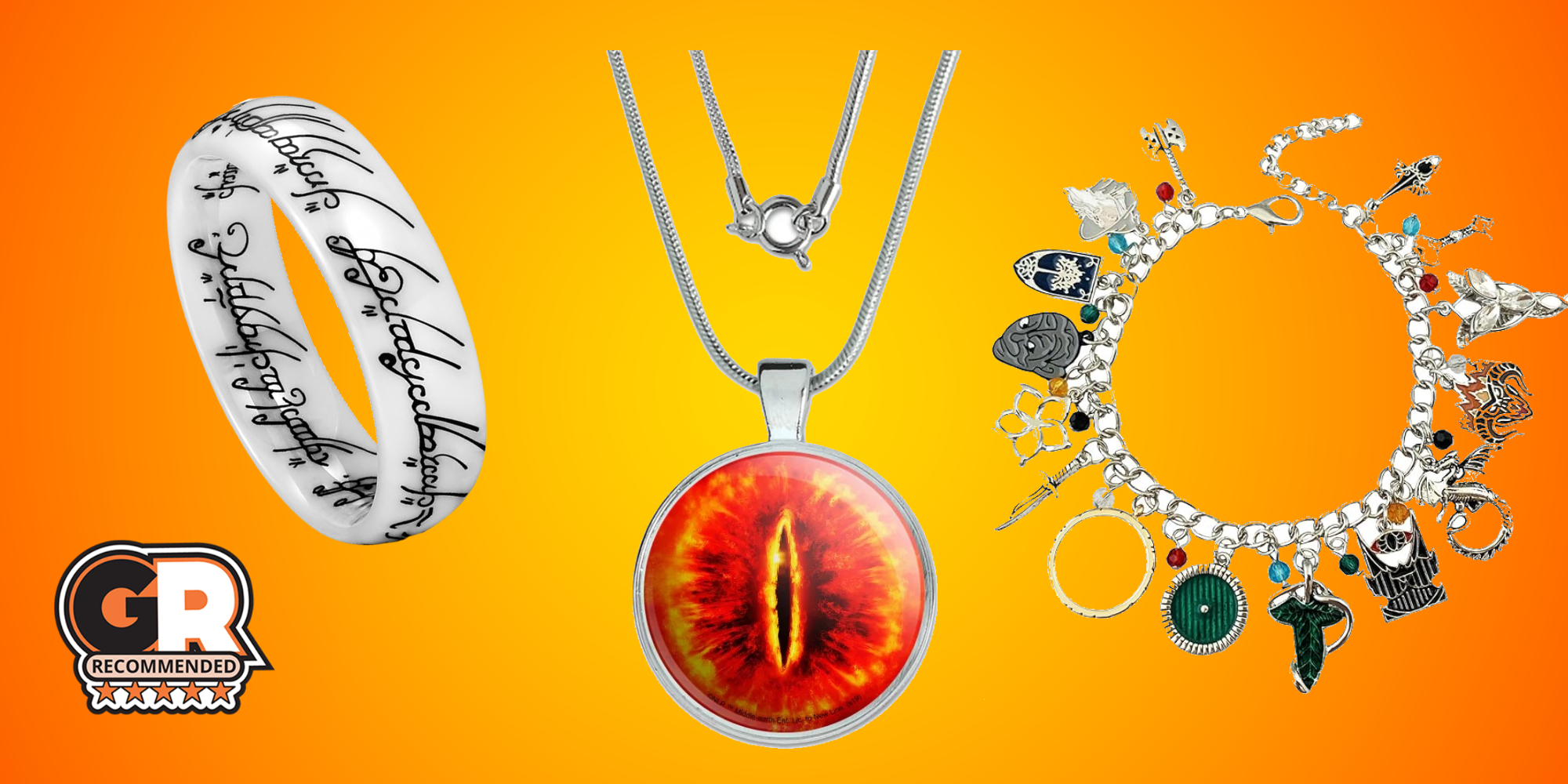 The Ring of Power ring, the Eye of Sauron pendant and LOTR charm bracelet