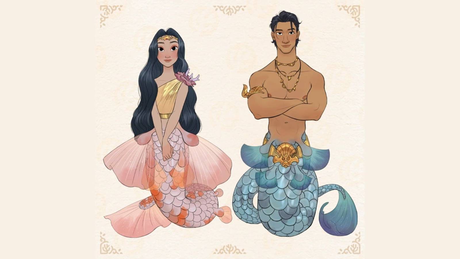 two mermaids in coral island.