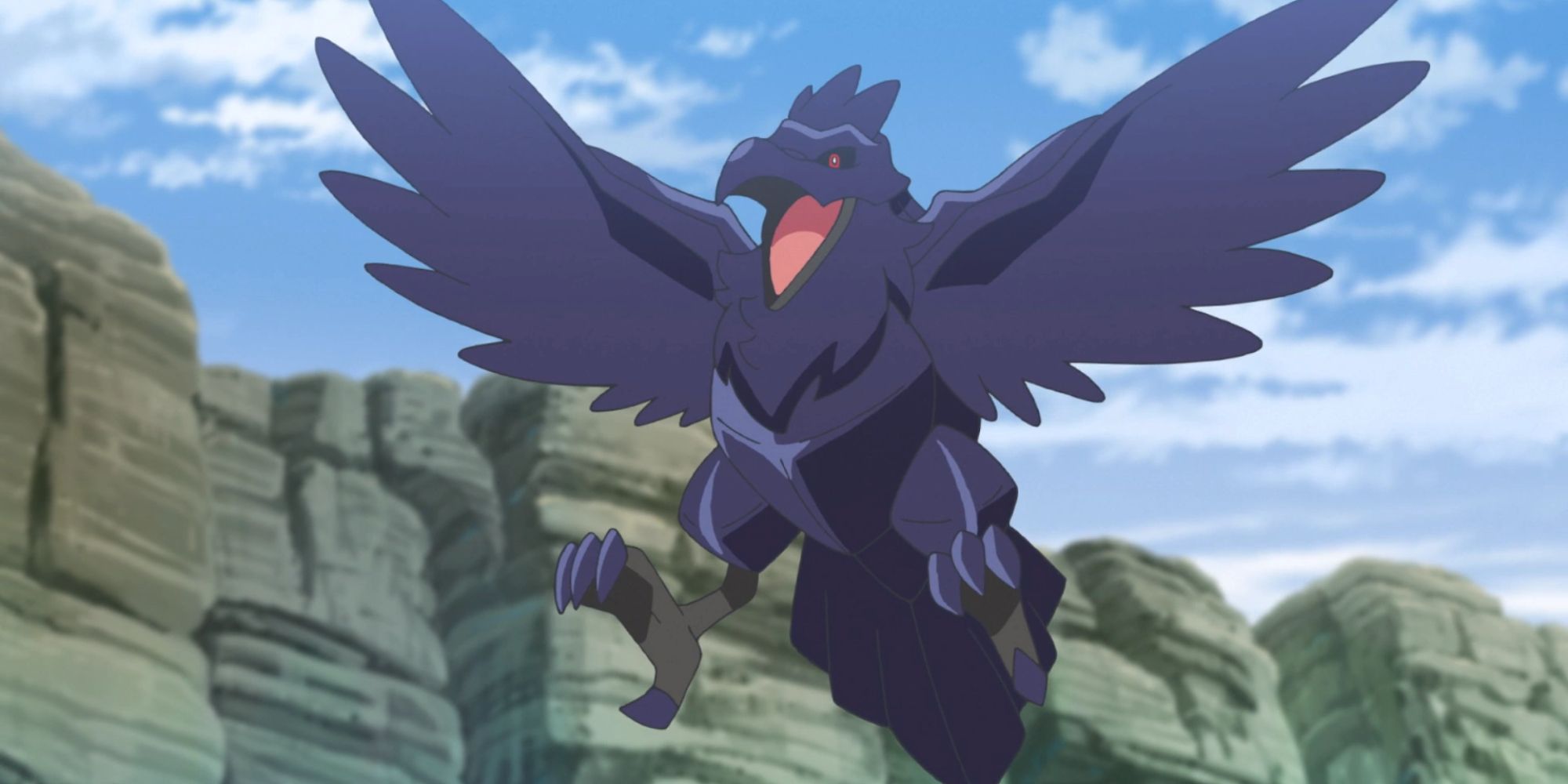 Corviknight spreading its wings in a mountain in Pokemon