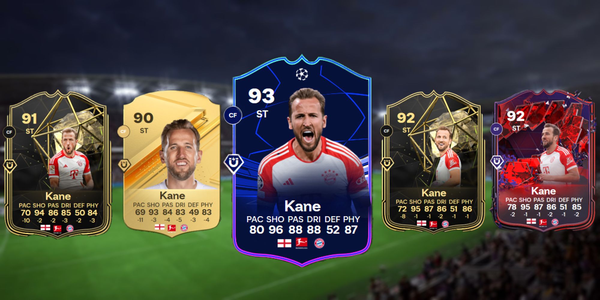 Comparing the five Kane variants in EA Sports FC 24 now, with the addition of UCL TOTGS Harry Kane SBC