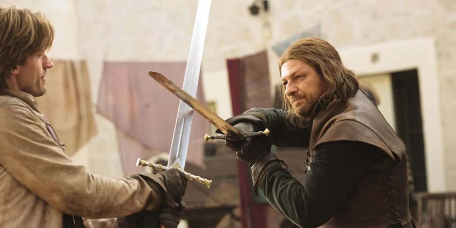 Ned Stark and Jaime Lannister clash blades in King's Landing In Game of Thrones.