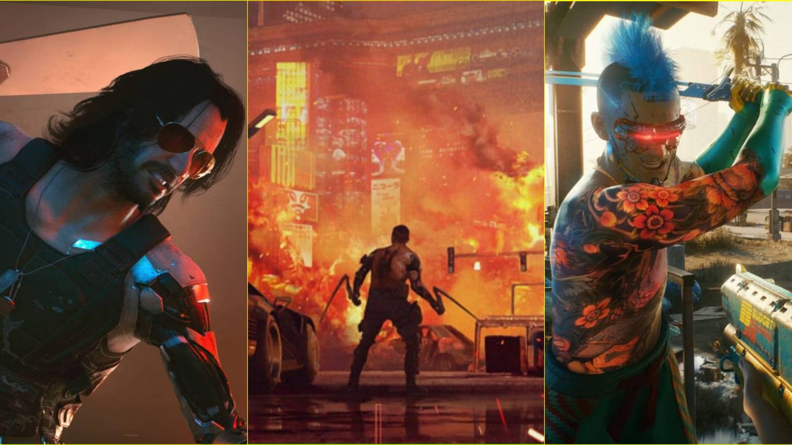 Action Shots of Johnny Silverhand, V and a Cybered Up Enemy