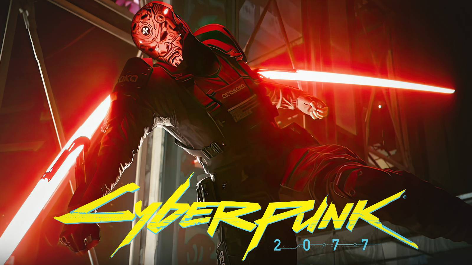 Cyberpunk 2077 ninja-like Arasaka soldier with red blades behind game logo