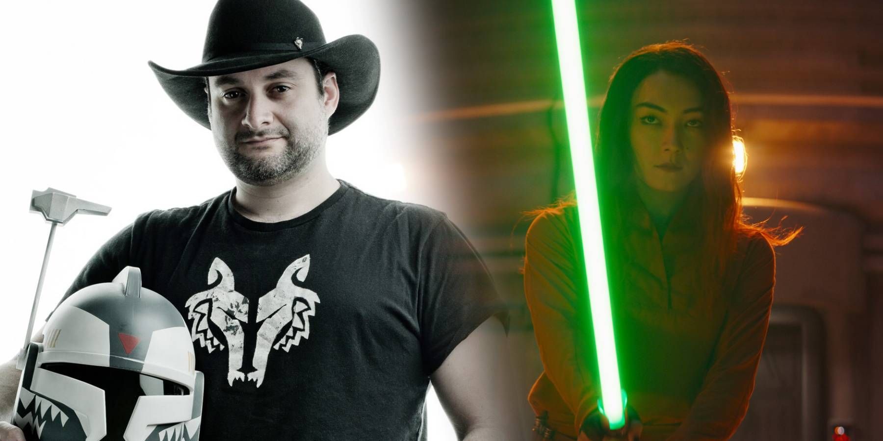 Lucasfilm Executive Vice President and Chief Creative Officer Dave Filoni split image with Natasha Liu Bordizzo as Sabine Wren wielding a lightsaber on Star Wars: Ahsoka