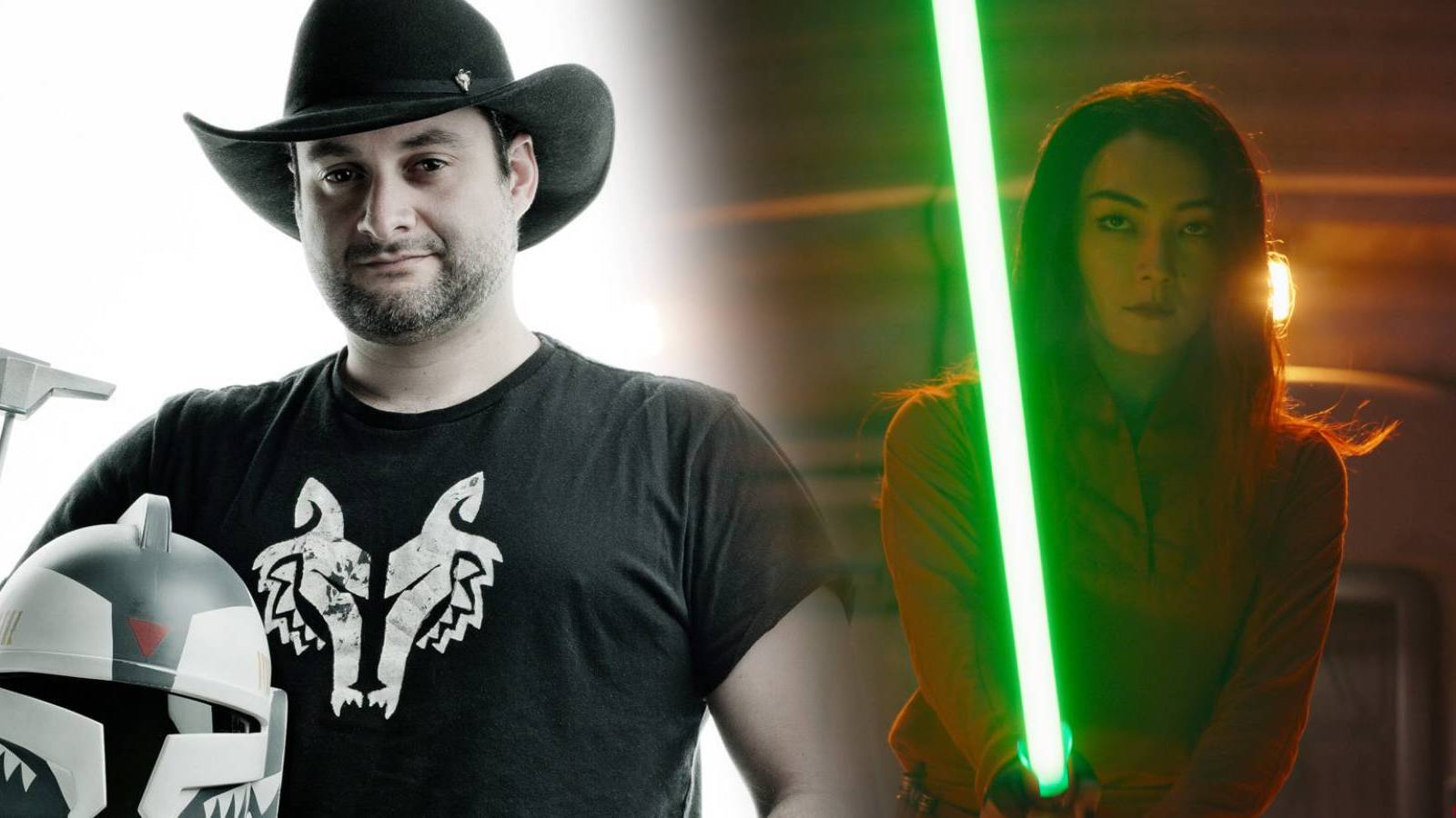 Lucasfilm Executive Vice President and Chief Creative Officer Dave Filoni split image with Natasha Liu Bordizzo as Sabine Wren wielding a lightsaber on Star Wars: Ahsoka