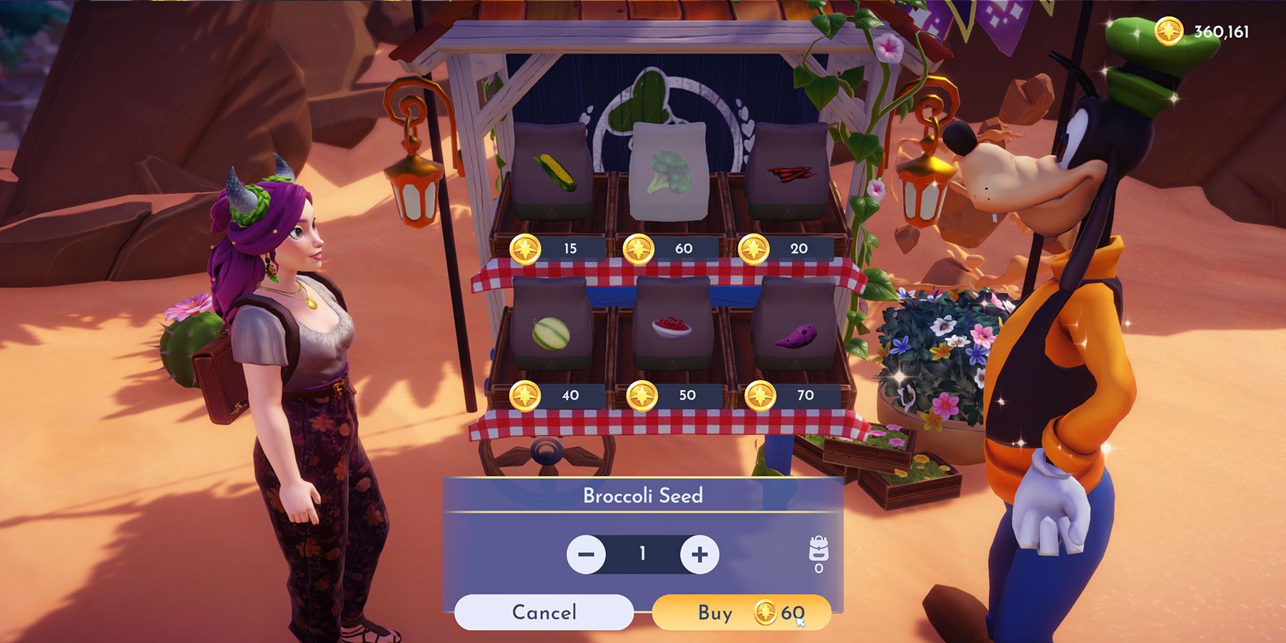 Buying Broccoli Seeds from Goofy's Stall in Disney Dreamlight Valley