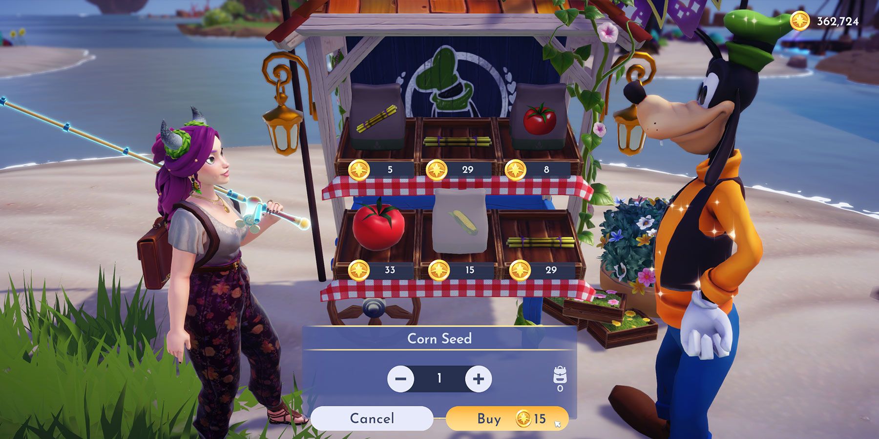 Buying Corn Seeds from Goofy's Stall in Disney Dreamlight Valley