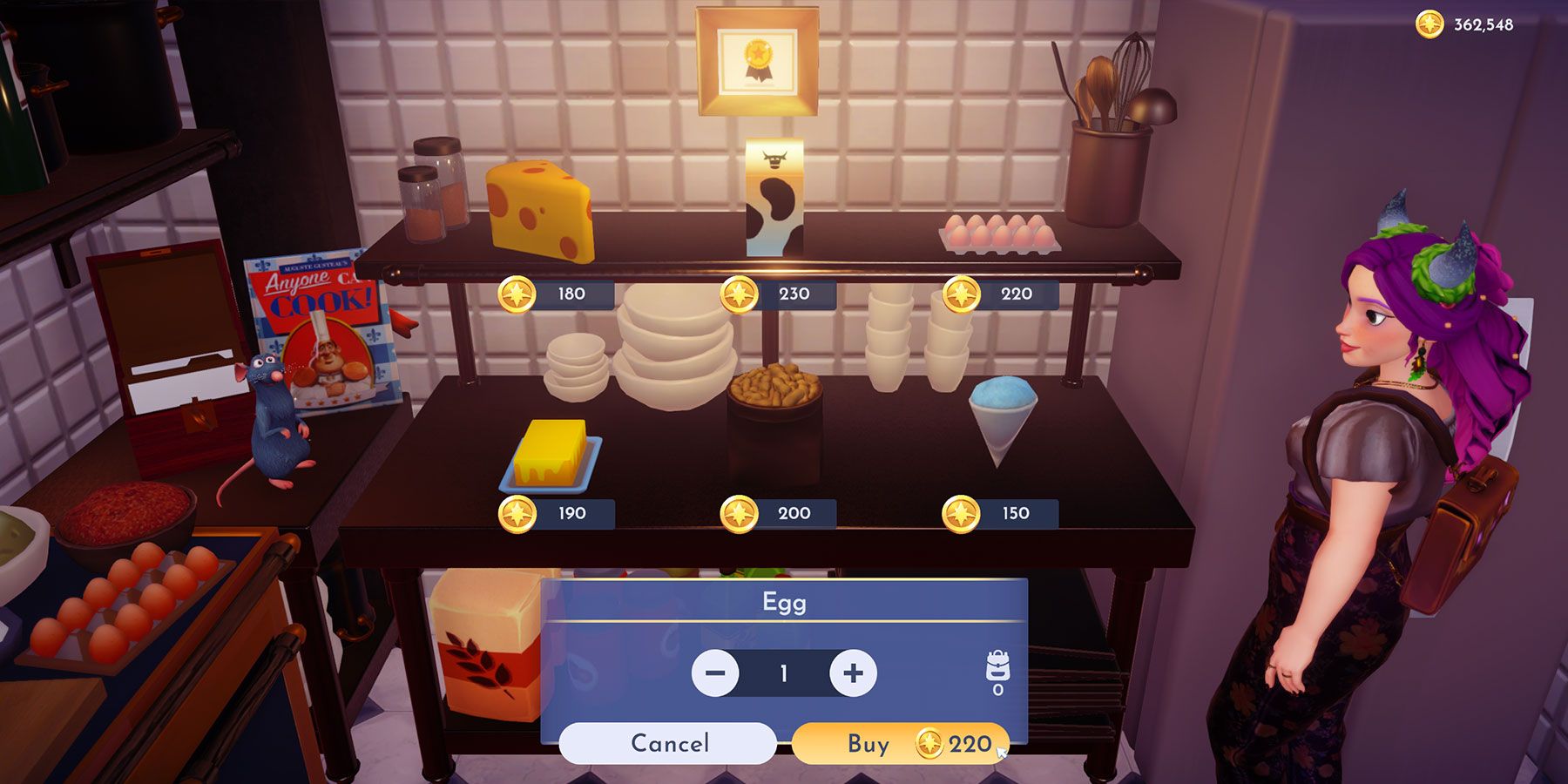 Buying eggs at Remy's Pantry store in Disney Dreamlight Valley