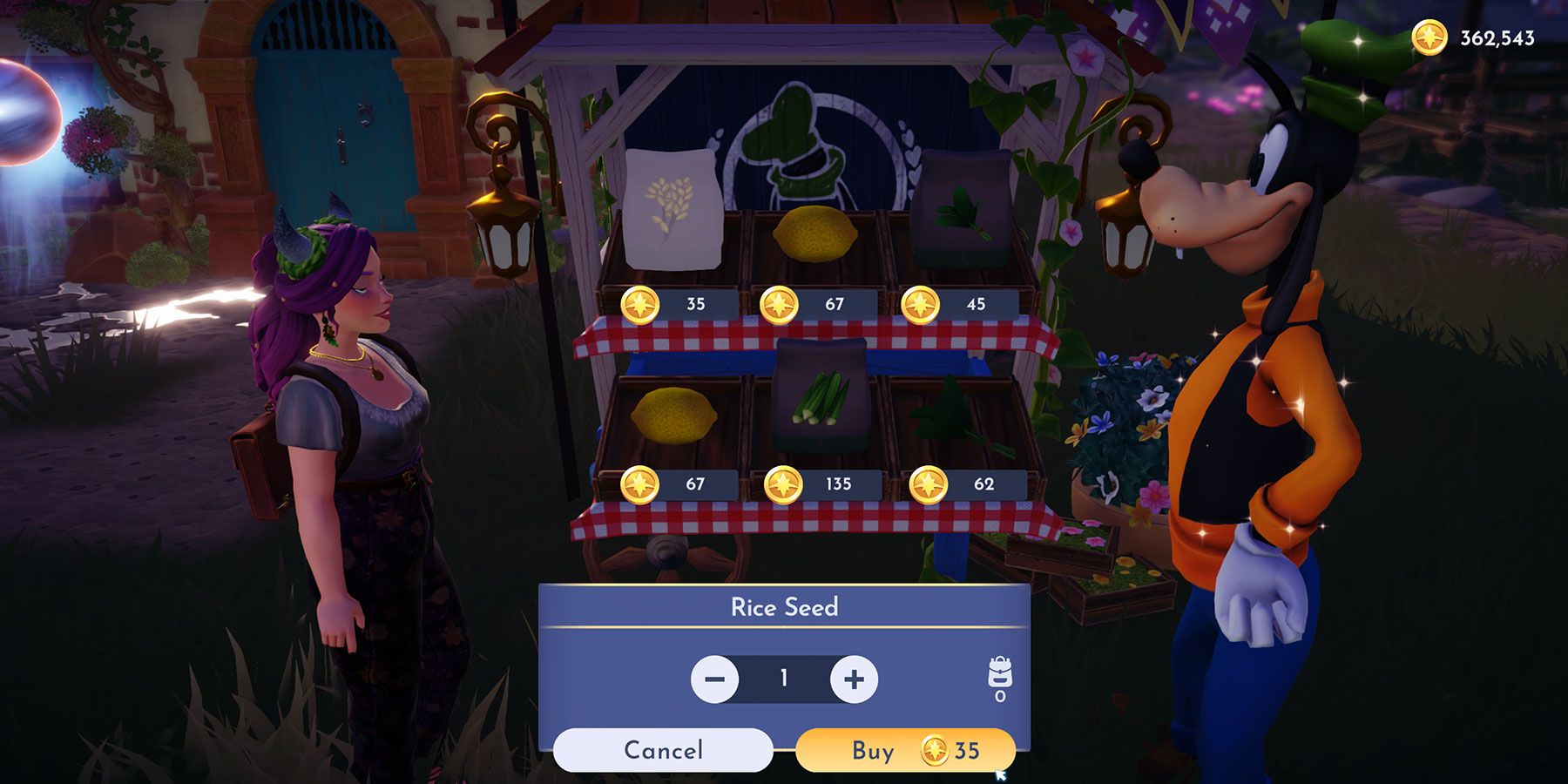 Buying Rice Seeds from Goofy's Stall in Disney Dreamlight Valley