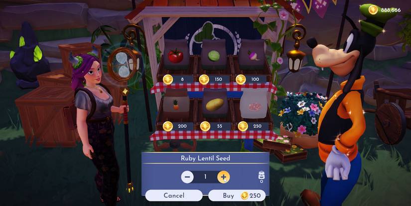 Buying Ruby Lentil Seeds at Goofy's Stall in Disney Dreamlight Valley.