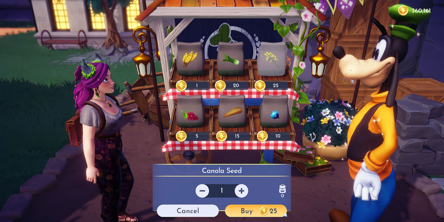 Buying Canola Seeds from Goofy's Stall on Eternity Isle in Disney Dreamlight Valley