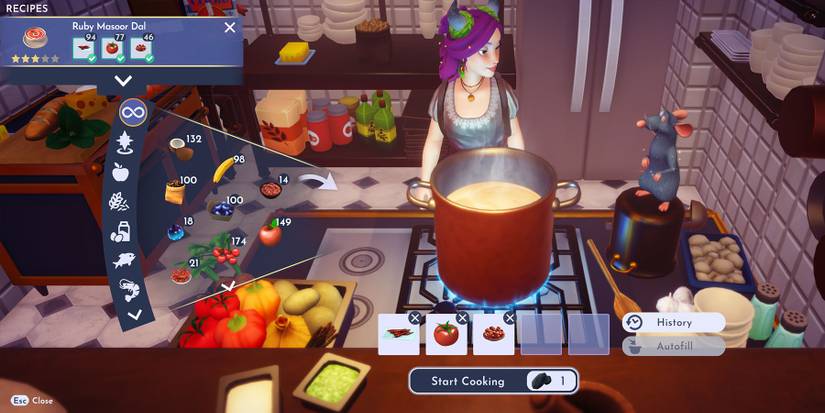 Cooking Ruby Masoor Dal in Disney Dreamlight Valley.