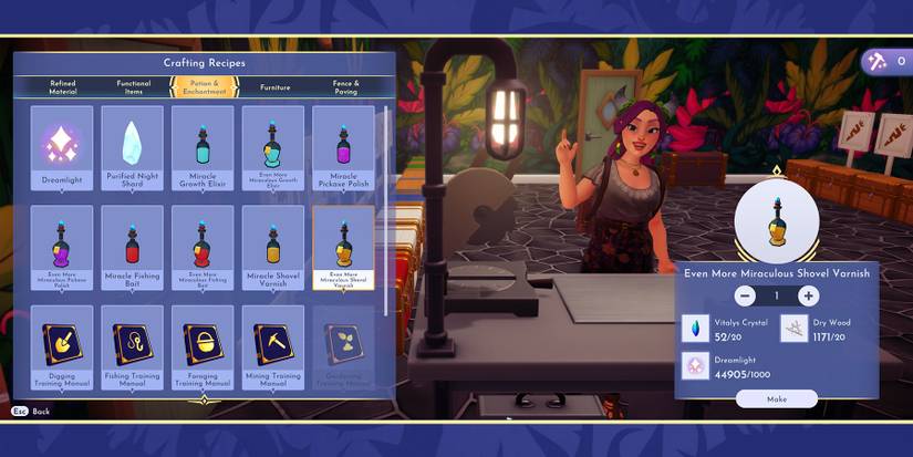 Crafting an Even More Miraculous Shovel Potion in Disney Dreamlight Valley.