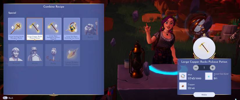 Crafting the Large Copper Rocks Pickaxe Potion in Disney Dreamlight Valley