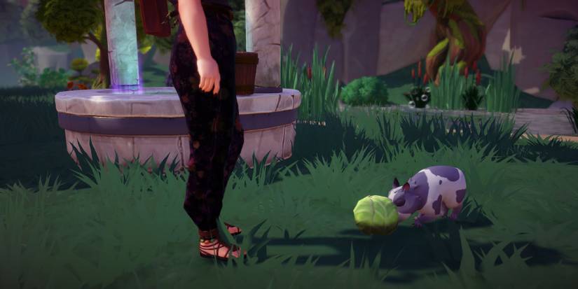 Feeding a capybara a cabbage in Disney Dreamlight Valley