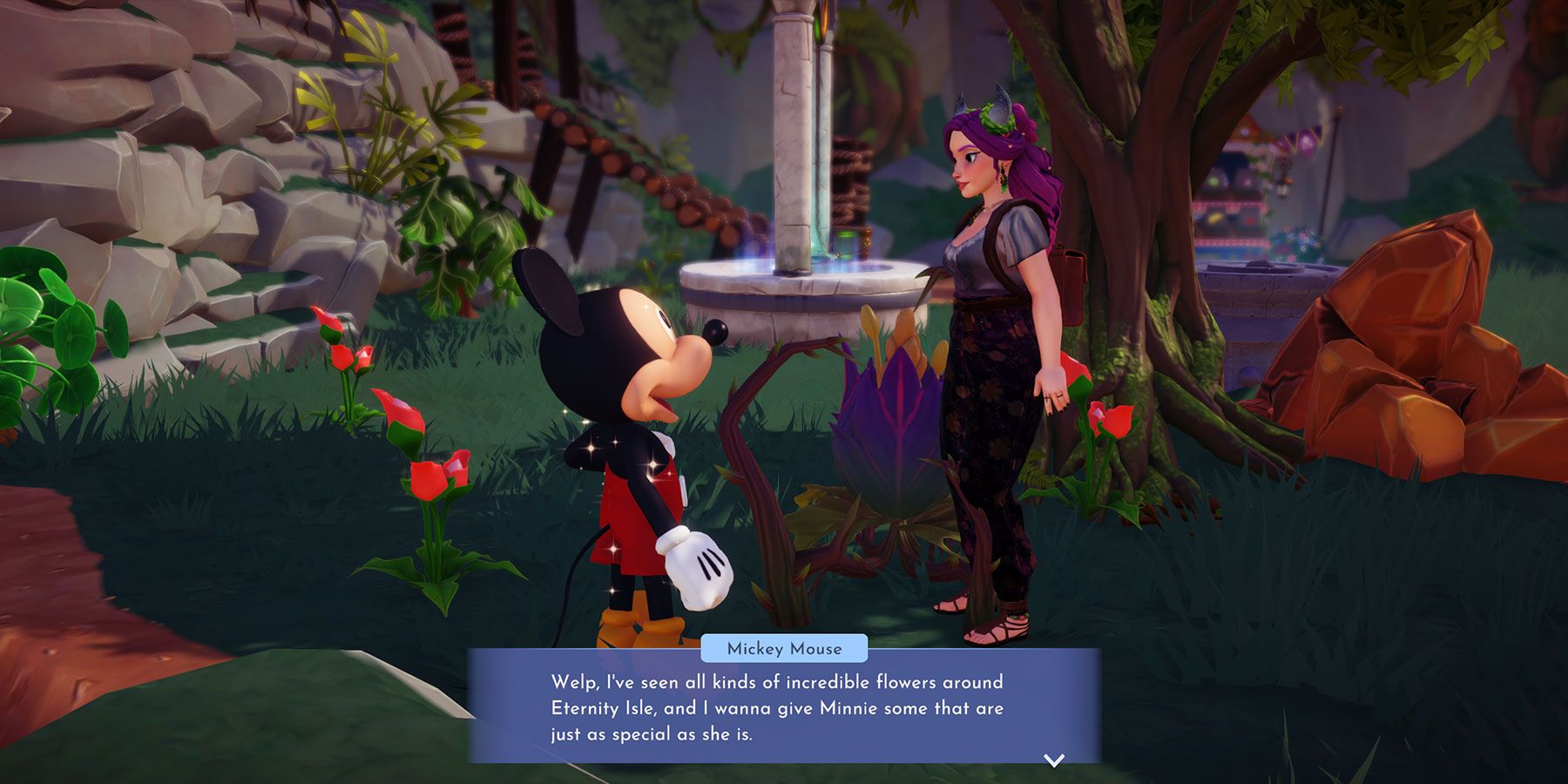 Conversando com Mickey para a missão Flower Power no Disney Dreamlight Valley.