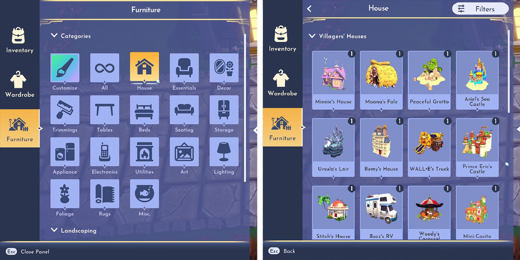 Furniture menu in Disney Dreamlight Valley: A Rift in Time