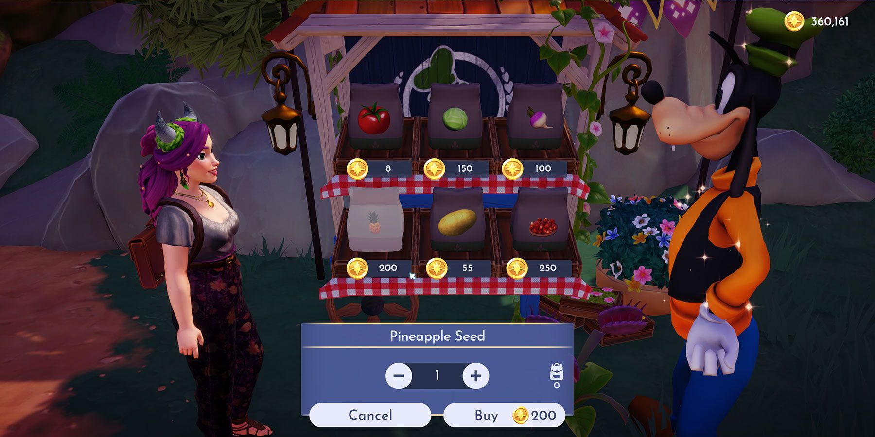 Buying Pineapple Seeds at Goofy's Stall in Disney Dreamlight Valley