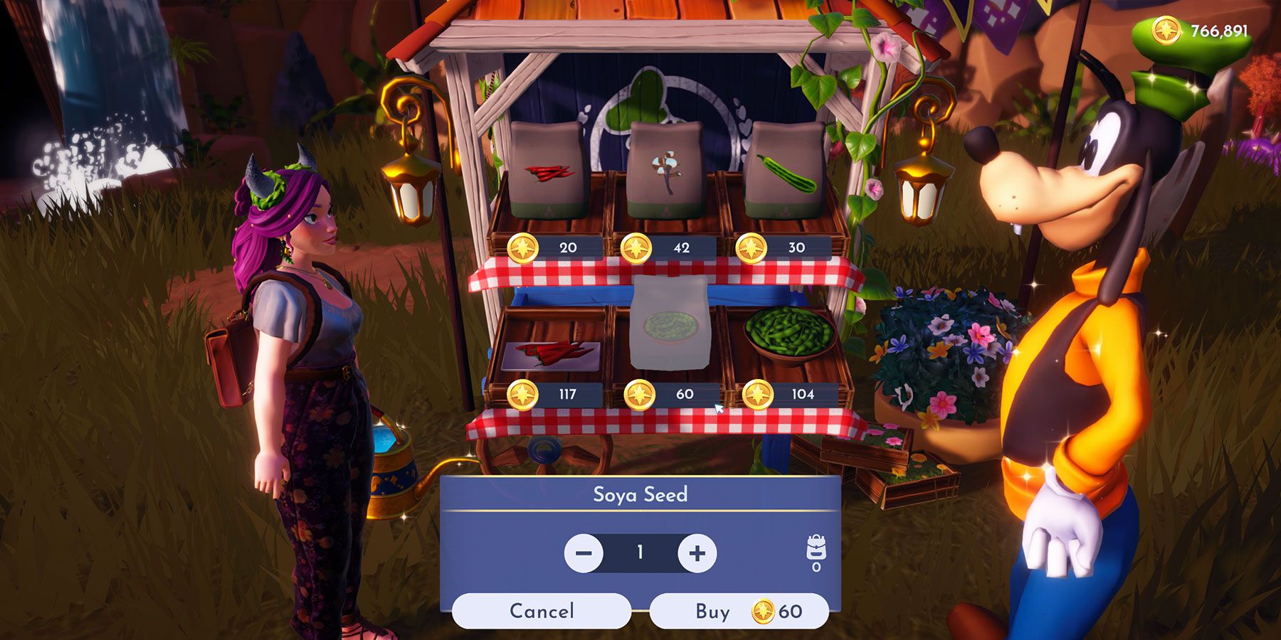 Buy soybean seeds from Goofy's stand at Disney's Dreamlight Valley
